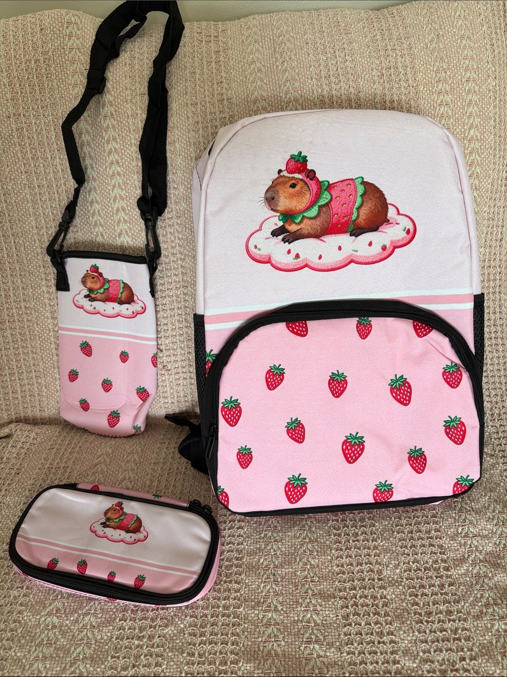 Pink Capybara Strawberry Backpack Set Water Bottle bag Pencil Case NEW!
